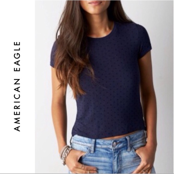 American Eagle AE Navy Blue Black Polka Dot Cropped Tee T Shirt Crop Top Slit - Picture 2 of 5